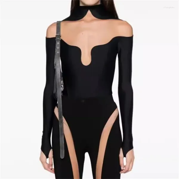 Mulheres camisetas Bodysuit Mulheres 2024 Outono em Sexy Transparente T-shirt Tulle Patchwork Elástico Manga Longa Top Espartilho