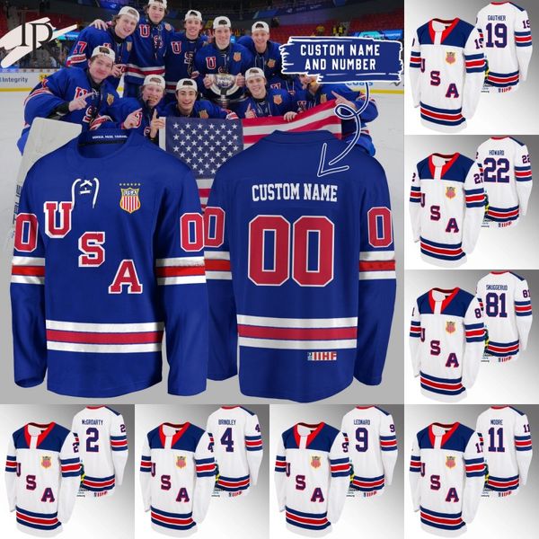 USA Hockey 2024 IIHF World Junior Champions Trikot 8 Sam Rinzel 1 Trey Augustine 22 Isaac Howard 4 Gavin Brindley 27 Gavin Hayes 9 Ryan Leonard 11 Oliver Moore Trikots