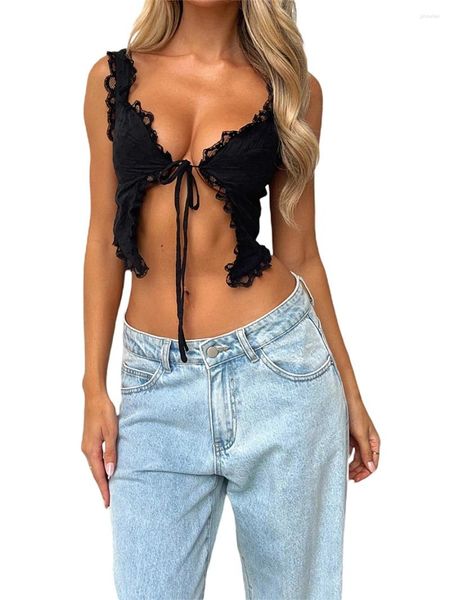 Tanques femininos Mulheres Lace Trim Camisoles Voltar Duplo Spaghetti Straps Tie-Up V-Neck Sem Mangas Sling Tank Tops Coletes de Verão Colheita