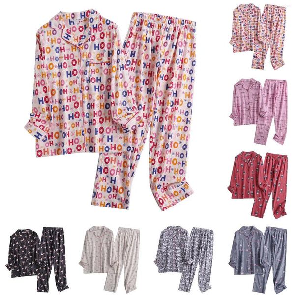 Pijamas femininos algodão flanela senhoras loungewear plus size solto cetim nightwear primavera outono inverno duas peças pijamas de seda casa terno