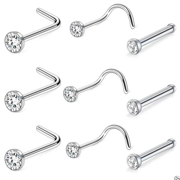 Anéis de nariz Studs 30 pcs 316 aço inoxidável L Rod S reto incrustado com M strass tendência Stud moda homens e mulheres usam acessórios OT5FI