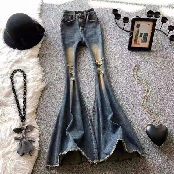 Jeans femininos americano vintage perfurado grande flare mulheres outono cintura alta menina picante slim fit fishtail chão arrastando calças femininas