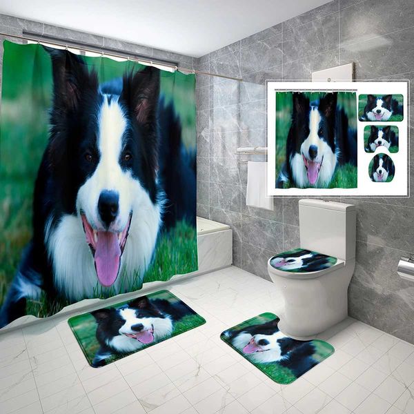 Duschvorhänge, 4-teilig, Tier-Schwarz-Duschvorhang-Set, Porträt von Border Collie, Duschvorhang, Badezimmer, rutschfeste Badematte, Toilettenbezug