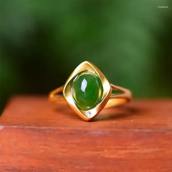 Cluster Ringe Natürliche Hetian Jade S925 Sterling Silber Gold Jaspis Eiernudeln Spinat Grün Raffinierte Anmut Persönlichkeit Vortex Ring