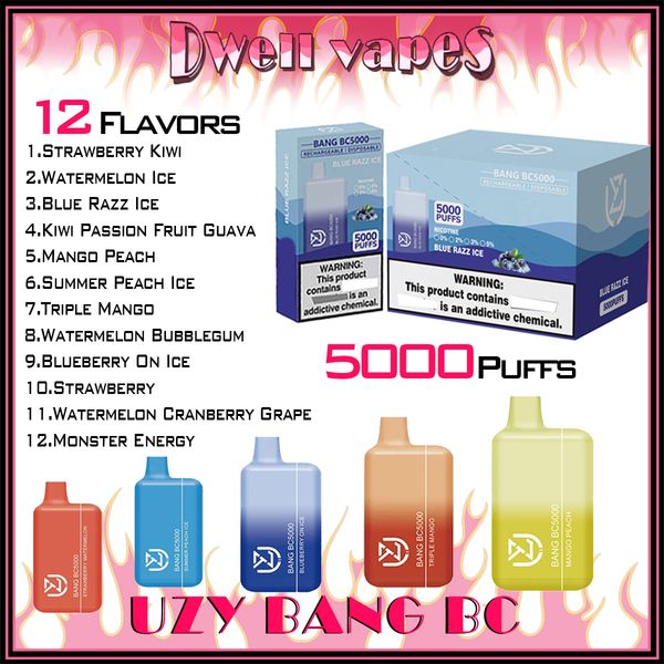 UZY Bang BC5000 Puff Vape Descartável 5K Puffs E Cigarros Vaper 650mAh Bateria Recarregável Dispositivo 12ml Cartucho Pod Bar 0% 2% 3% 5% Kit de Nível Atacadista de Navio Rápido