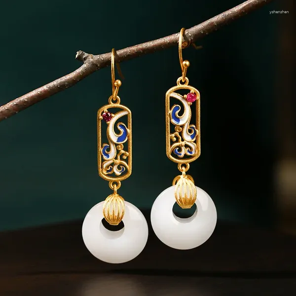 Dangle Küpeler Chinoiserie Style Circle Jade Gold-Plating Soğuk Emaye Deniz Dalga Ping Tokası Kadınlar Hanfu Takı Doğum Günü Hediyesi