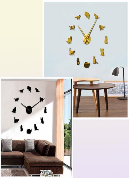 Silueta de gatos sin marco, reloj artístico de pared, reloj gatitos, reloj de pared DIY 3D, forma de gato juguetón, agujas grandes, kit de decoración para habitación de niña 201483076