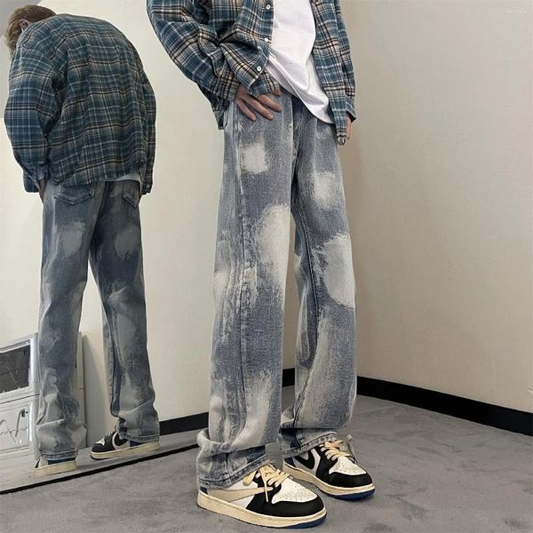 Jeans masculinos primavera coreano retro homens luz azul tie-dye gradiente all-match solto casual lavagem reta hip hop calças largas