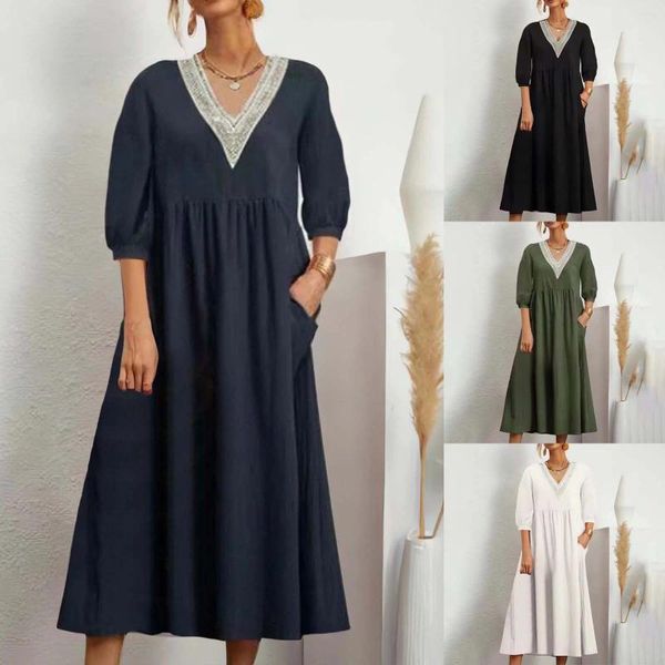 Vestidos casuais feminino moda cor sólida manga solta renda v pescoço algodão e verão praia maxi vestido para mulheres