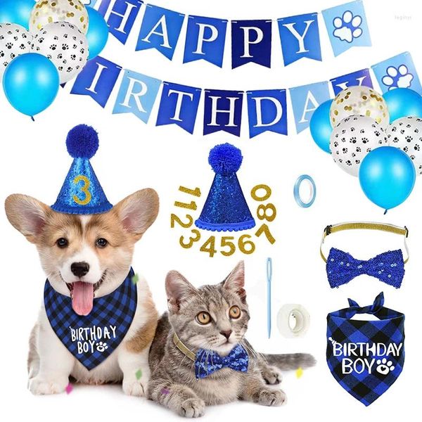 Abbigliamento per cani Forniture per feste di compleanno Palloncino Sciarpa Papillon Cappello a corona Banner Bandiera per animali Set con 0-9 figure Accessori Decor Prop