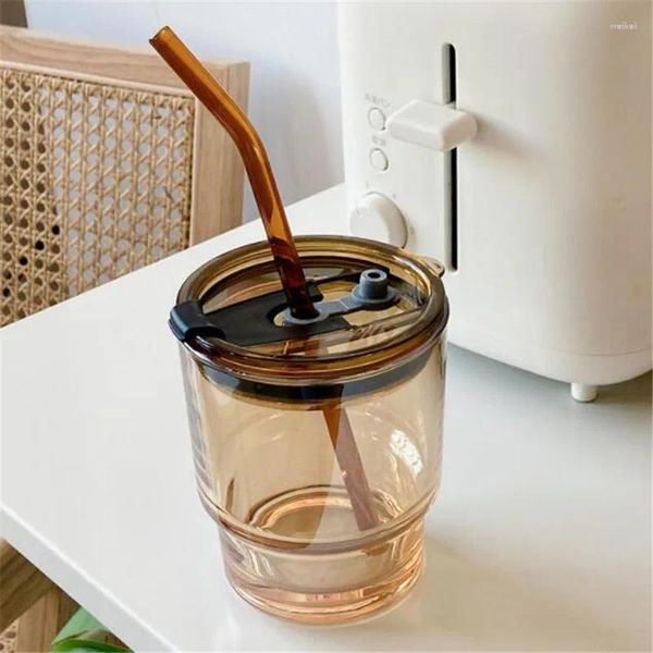 Tassen 400 ml Glas Kaffee Trinkhalm Wasserflaschen Tragbare Milchbecher mit Deckel Anti-Rutsch-Abdeckung Outdoor-Reise Paar Tasse