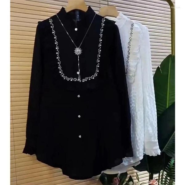 Damenblusen Damen Sparking Diamonds Stitch Lose übergroße mittellange Hemden Herbst Frühling Rüschen Weiß Schwarz Tops