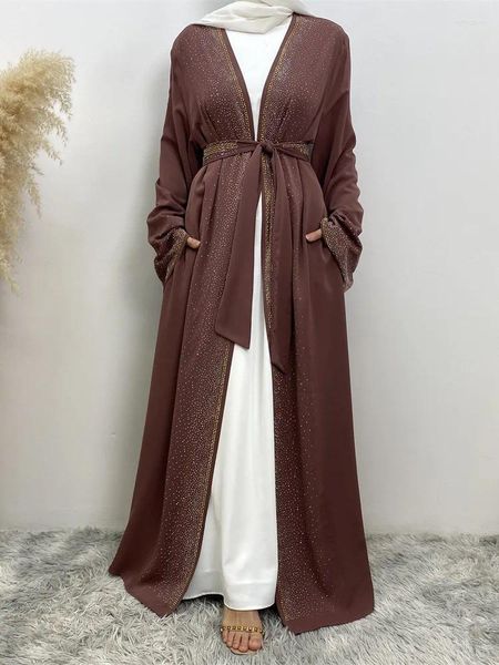 Roupas étnicas Ramadã Luxo Dubai Kimono Cardigan Women Women Open Front Robe Muslim Islâmico Lace Abaya Kaftan com vestido com cinto