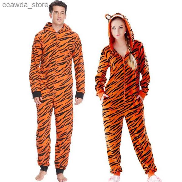 Erkek pijama artı Beden Polar Tiger Pijamalar Kadın Dikiş Onesie Hayvan Gelir Tulumlar Çift Contall Pijama Onesie Yetişkin Kingurumi Q240109