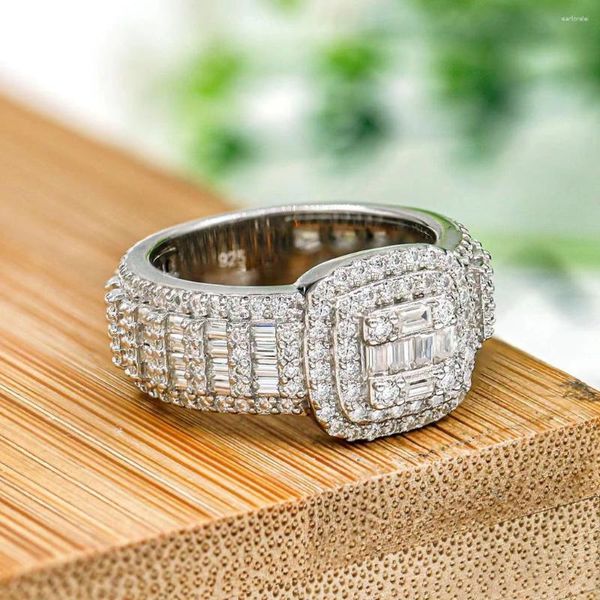 Anéis de cluster moda hip hop jóias fora baguette 925 prata esterlina moissanite anel de noivado masculino