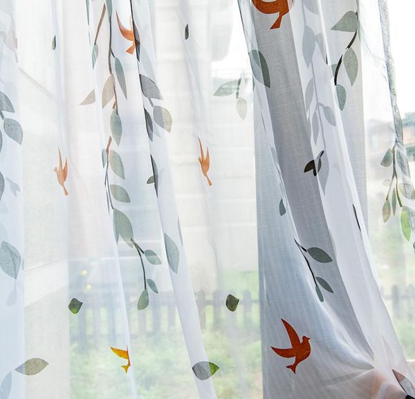 Voile sheer cortina pássaros folha impressa jarl decoração de casa janela porta branco tule cortinas valências para sala estar quarto carro kitch2123161