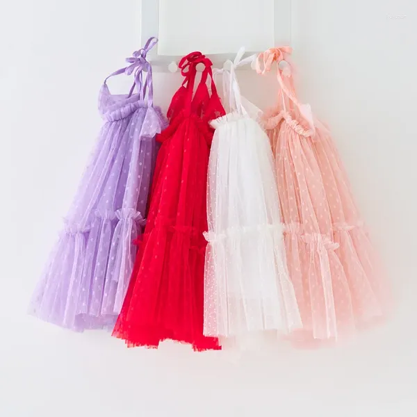 Vestidos de menina vestido infantil flocado de bolinhas princesa laço doce fofo bolo de tule meninas