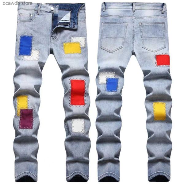 Jeans masculinos EHMD homens jeans bordados com pano quadrado arco-íris puro algodão estiramento calças finas raspadas branco wearable high street fashion t240109