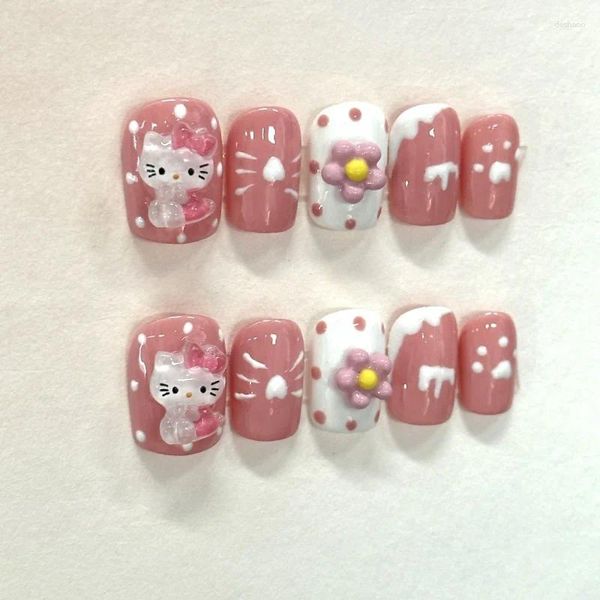 Unhas Falsas Misskitty Artesanal Press-on Kitty Doce-Colorido Desenhos Animados Bonito Desgaste Prego Criança Diversão Adesivos Wearab