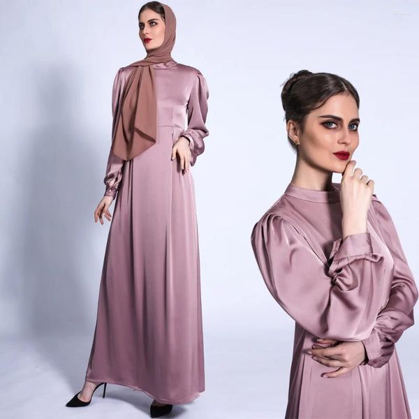 Roupas étnicas Robe Longue Femme Musulmane Maxi Vestidos para Mulheres Cetim Abaya Dubai Turquia Islam Árabe Muçulmano Longo Vestido Modesto Kaftan