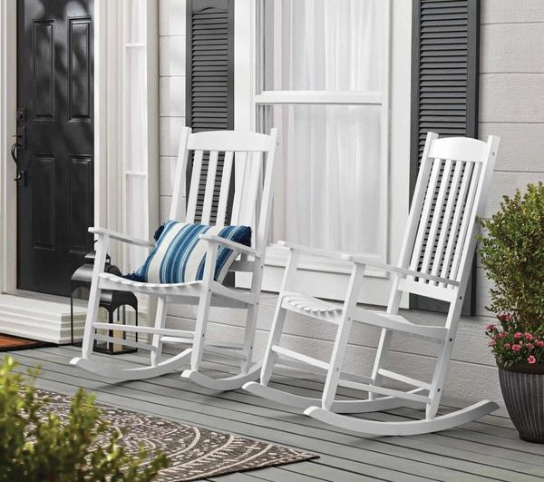 Sedia a dondolo per portico in legno da esterno per mobili da campeggio, colore bianco, finitura resistente agli agenti atmosferici