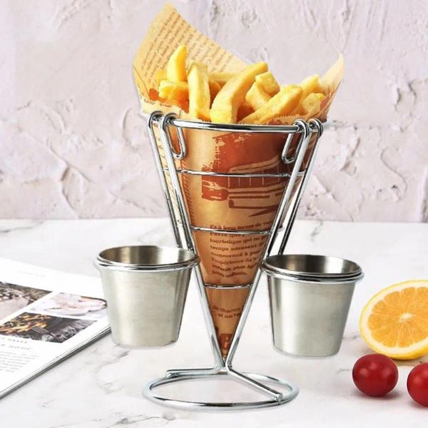 Suporte de armazenamento de batatas fritas, suporte de metal durável para batatas fritas com copo, cesta de cone, molho para fritar, rack de exibição para alimentos