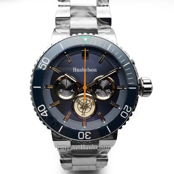 Часы с турбийоном Мужские кварцевые механизмы Vk Хронограф Стальной ремешок для часов Синий циферблат Наручные часы Кожаный ремешок со складной пряжкой Джентльменские часы 42 мм