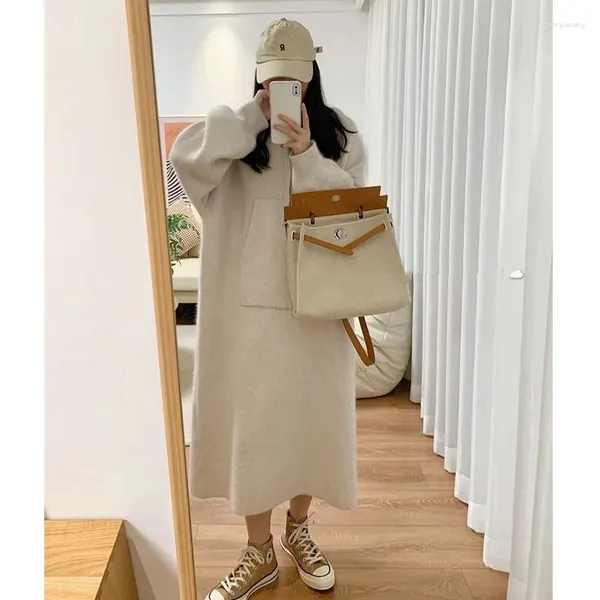 Casual Kleider Für Frauen Knie Länge Mit Kapuze Gestrickte Herbst Winter Und Vielseitige Koreanische Version Lose Faul Stil Vestido