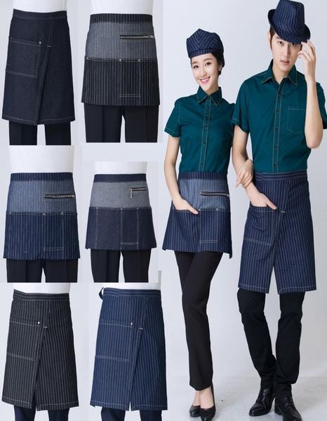 Universelle Denim-Latzschürze mit halber Brust, für Restaurant, Küche, Kaffee, Teeladen, Kellnerin, Uniformen, Taille, kurze Schürze mit Taschen, 2010074383751