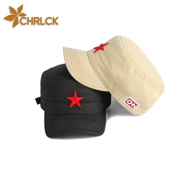Bonés Chrlck Casual Algodão Flat Top Hat Ajustável Pentagrama Militar Caps Homens Mulheres Cadete Exército Cap Design Único Vintage Quatro Estações