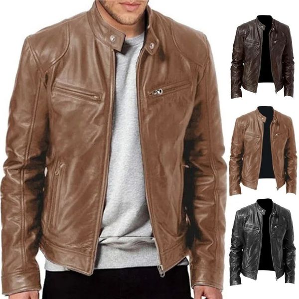 Giacca in pelle moda uomo slim fit colletto alla coreana giacca in PU maschio antivento moto bavero cerniera diagonale giacche uomo 240108