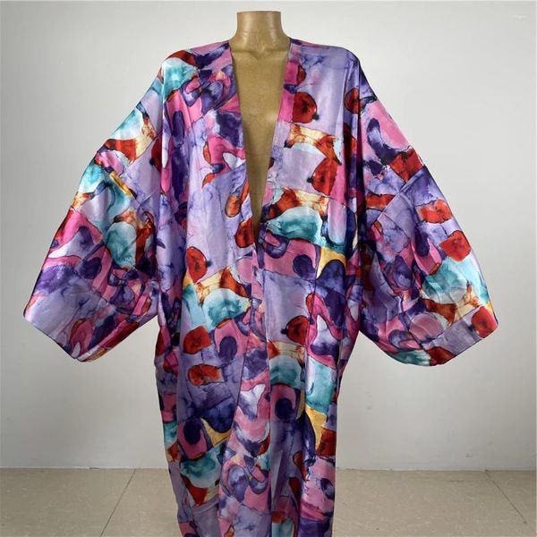 Roupa de banho feminina quimono cover-up verão boho impressão biquíni elegante moda cardigan sexy férias manga longa borlas maxi vestido