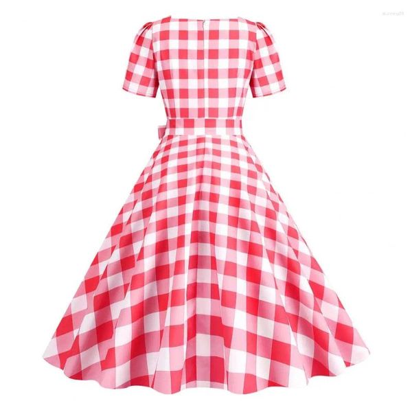 Vestidos casuais vestido de balanço com zíper invisível retro xadrez impressão a linha gola quadrada bowknot decoração para mulheres vintage