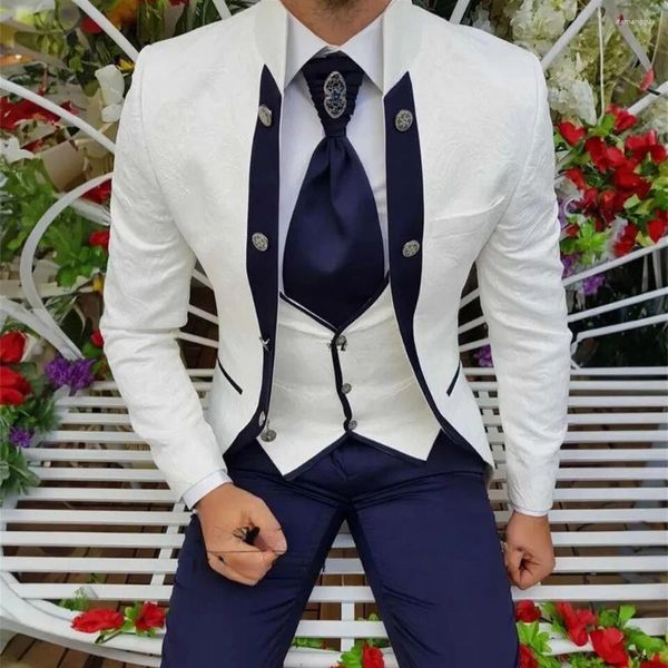 Ternos masculinos branco luxo casamento blazer único breasted tecido jacquard comprimento regular formal 3 peça jaqueta calças colete fino ajuste