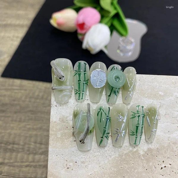 Falsas unhas Misskitty Handmade Press-on Real S Pure Wear Estilo Nacional Pintado à Mão Cobra Branca Verde Escuro Jade Bambu Pequeno Claro