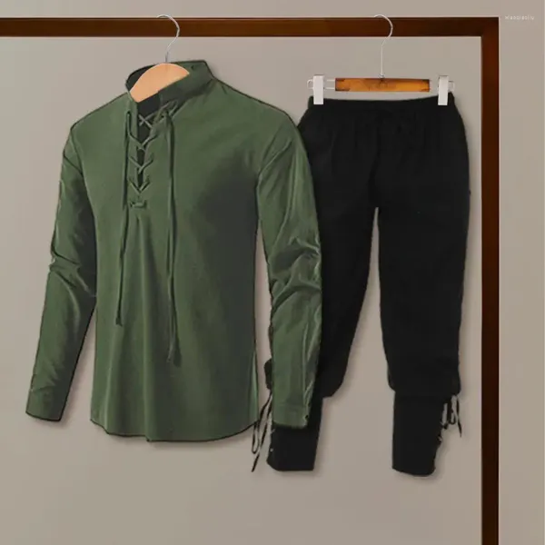 Laufsets Herren Henley-Hemd Renaissance-Wikinger-Stil Herrenhosen-Set mit Stehkragen Schnürdetail elastische Taille Haremshose