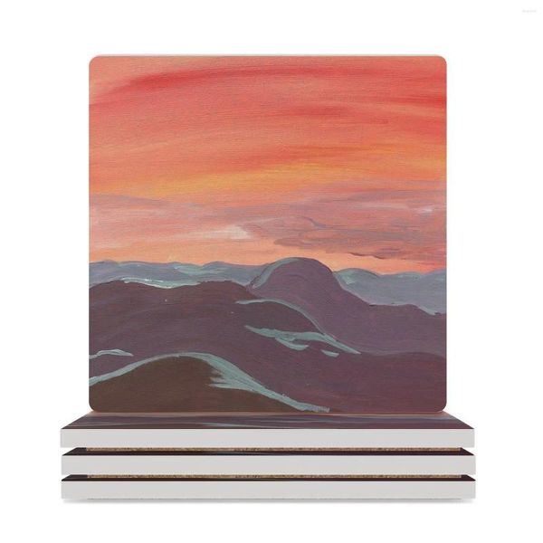Tischsets, lila Berge, rosa Sonnenuntergang, Keramik-Untersetzer (quadratisch), Tier-Schiefer, niedliches Set Tassenpolster