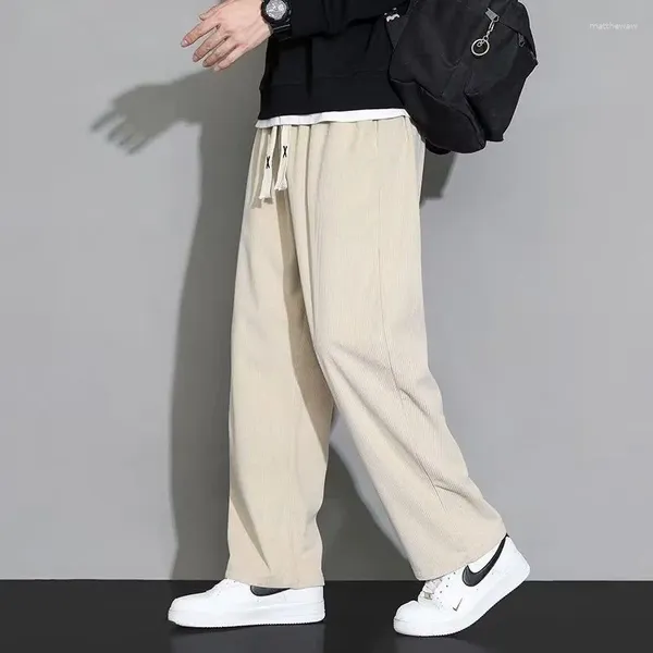 Calças masculinas outono inverno velo versátil casual homens coreano sólido cintura elástica cordão bolsos retos calças esportivas soltas
