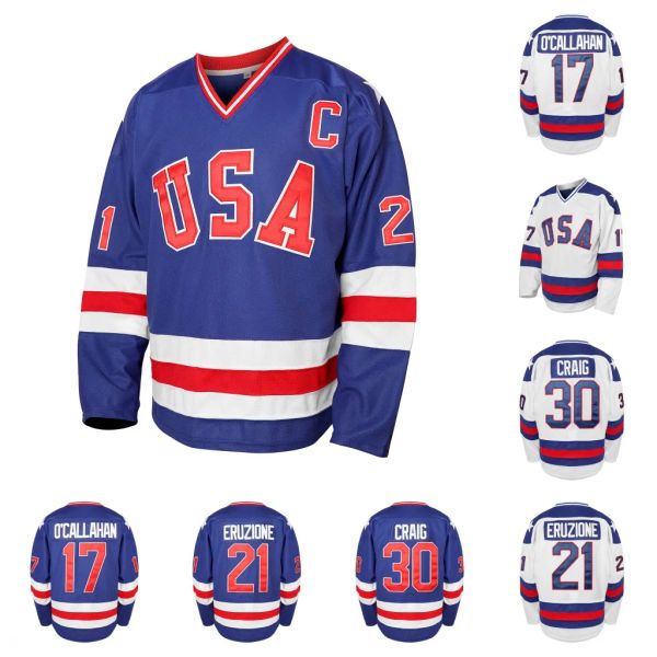 Vintage 1980 Team USA Hockey-Trikots 21 Mike Eruzione 30 Jim Craig 17 Jack Ocallahan Doppelt genähte Namensnummer AUF LAGER 15