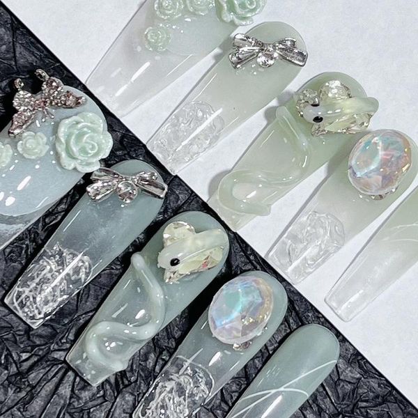 Künstliche Nägel, grüne Tee-Schlange, handgefertigt, zum Aufdrücken, reiner Mädchen-Diamant, mittlere Länge. Nr. 3246