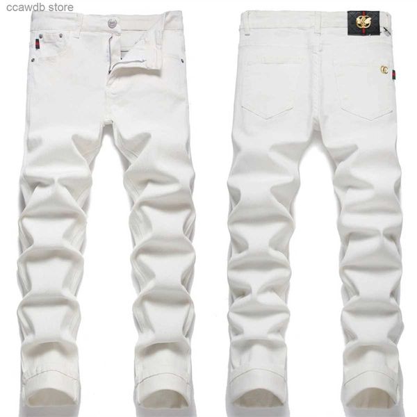 Jeans masculinos EHMD puro branco raspado jeans masculino quatro estações algodão confortável leilão de couro tendência multi bolso motocicleta simples novo 2 T240109