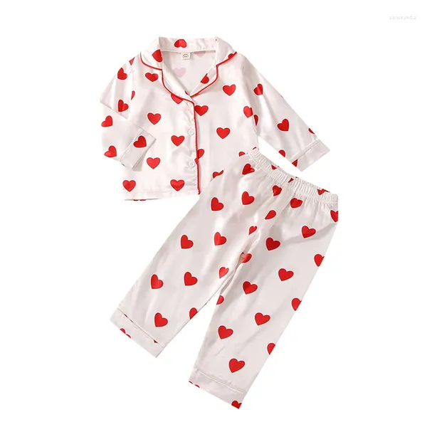 Комплекты одежды, детский пижамный комплект для маленьких девочек, топы с длинными рукавами и принтом сердца на День святого Валентина, брюки с эластичной резинкой на талии, одежда для сна