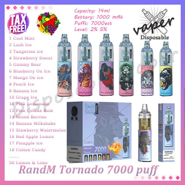 Original RandM Tornado 7000 Puff Einweg-Vape-Stift, Netzspule, 14 ml vorgefüllter Pod, 1000 mAh wiederaufladbarer Akku, 2 % 5 % Verdampfer, 7.000 Puffs E-Zigarette, 50 Geschmacksrichtungen auf Lager