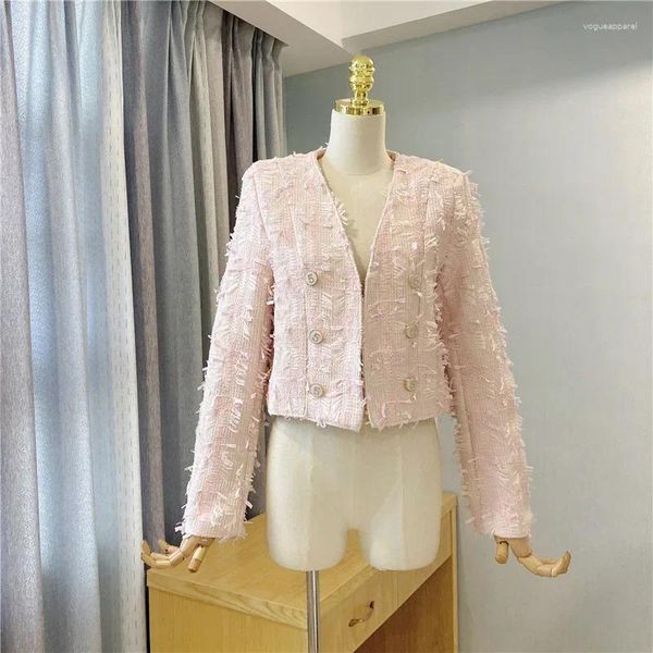 Jaquetas femininas 2024 chegada moda outono inverno mulheres com decote em v manga completa duplo breasted borla tweed bawics curto rosa jaqueta