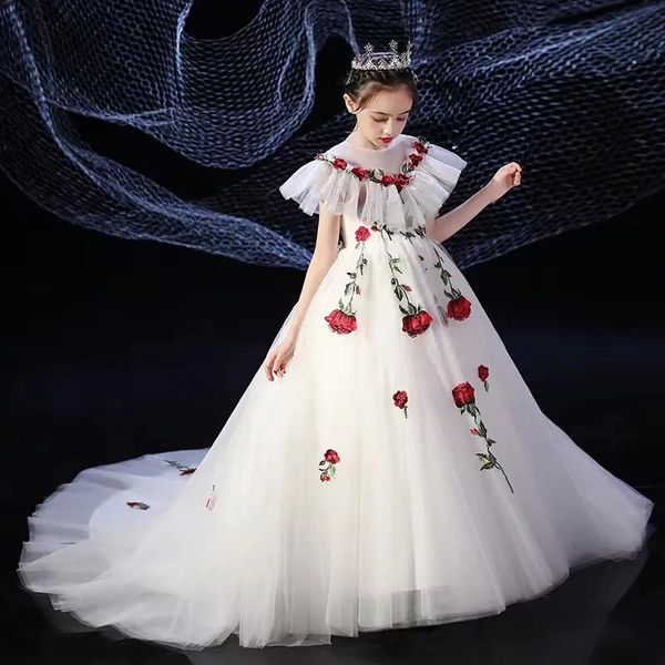 Kleider 2023 Blumenmädchenkleider für Hochzeit Spitze Perlen 3D-Blumenapplikationen Festzugskleider für kleine Mädchen Partykleider Prinzessin tragen First C