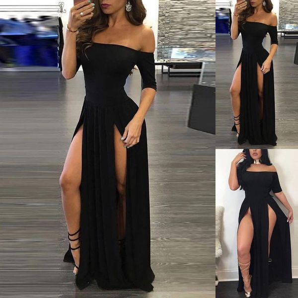 Casual Kleider Frauen Sexy Kleid Rohr Top Gerade Hals Kurzarm Sommer 2024 Maxi Lange Schlitz Schwarz Vestidos