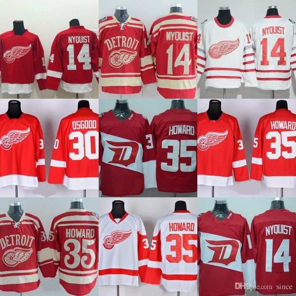 Factory Outlet Homens Detroit Red Wings # 14 Gustav Nyquist # 30 Osgood # 35 Jimmy Howard Vermelho Branco Melhor Qualidade Camisas de Hóquei no Gelo Frete Grátis 70