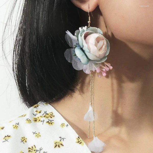 Baumelnde Ohrringe im koreanischen Stil, einfache lange Stoffblume, weiblicher Sommer-Statement-Tropfenohrring-Schmuck