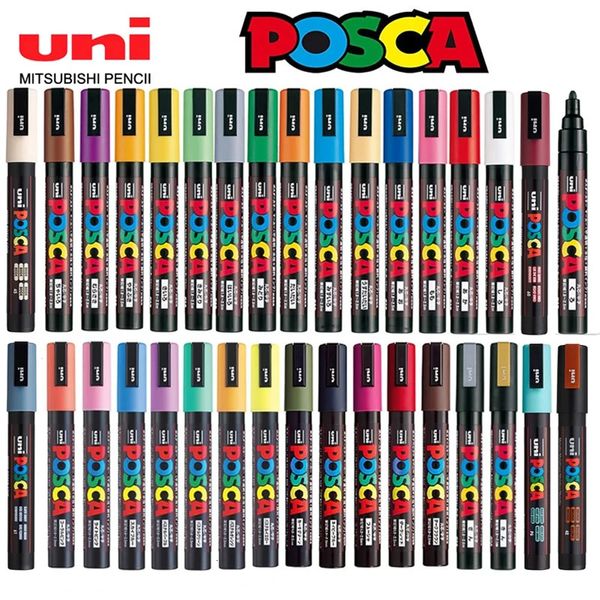 Uni Posca Conjunto Completo de Canetas Marcadoras de Tinta Acrílica PC-1M PC-3M PC-5M 7/8/12/15/24/29C para Pintura em PedraFrabricGlass/MetalGraffiti 240108