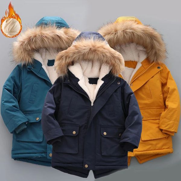 312 anos de inverno quente meninos jaqueta grande gola de pele acolchoada linning com veludo grosso com capuz casaco pesado para crianças outerwear 240108
